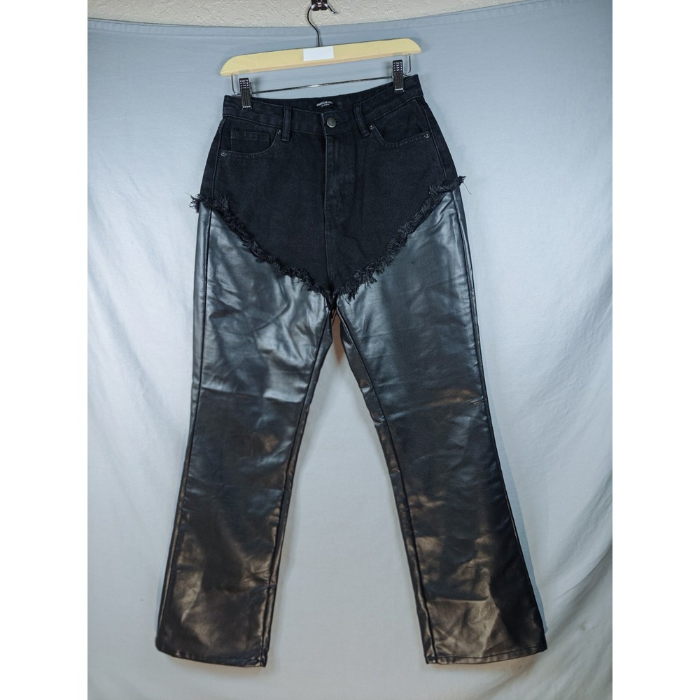 American Bazi Black Denim Jeans And Leatherette Combo Straight Pants Size Small